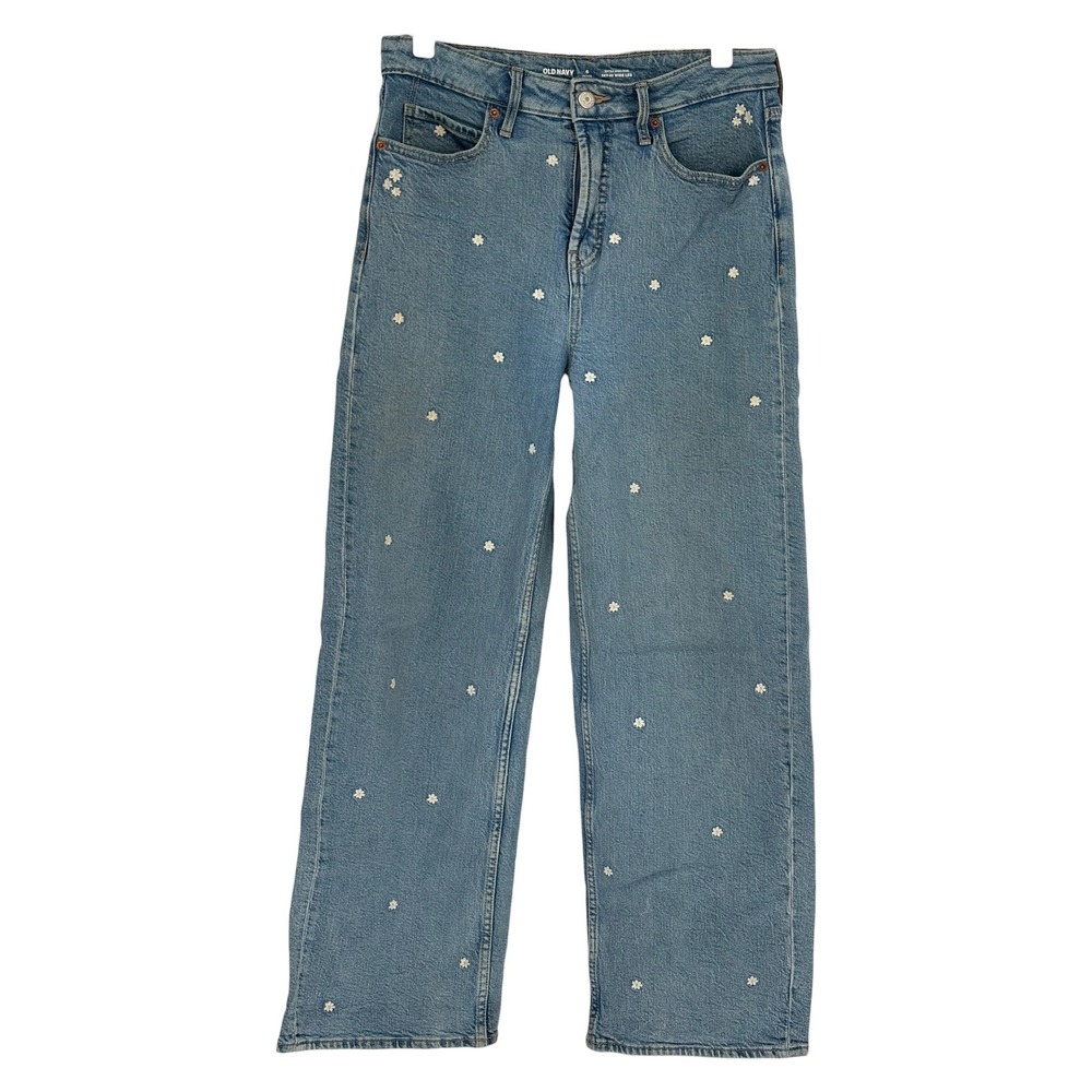 Old Navy Sky-Hi Wide Leg Jeans Blue Daisy Embroidered 6 Petite